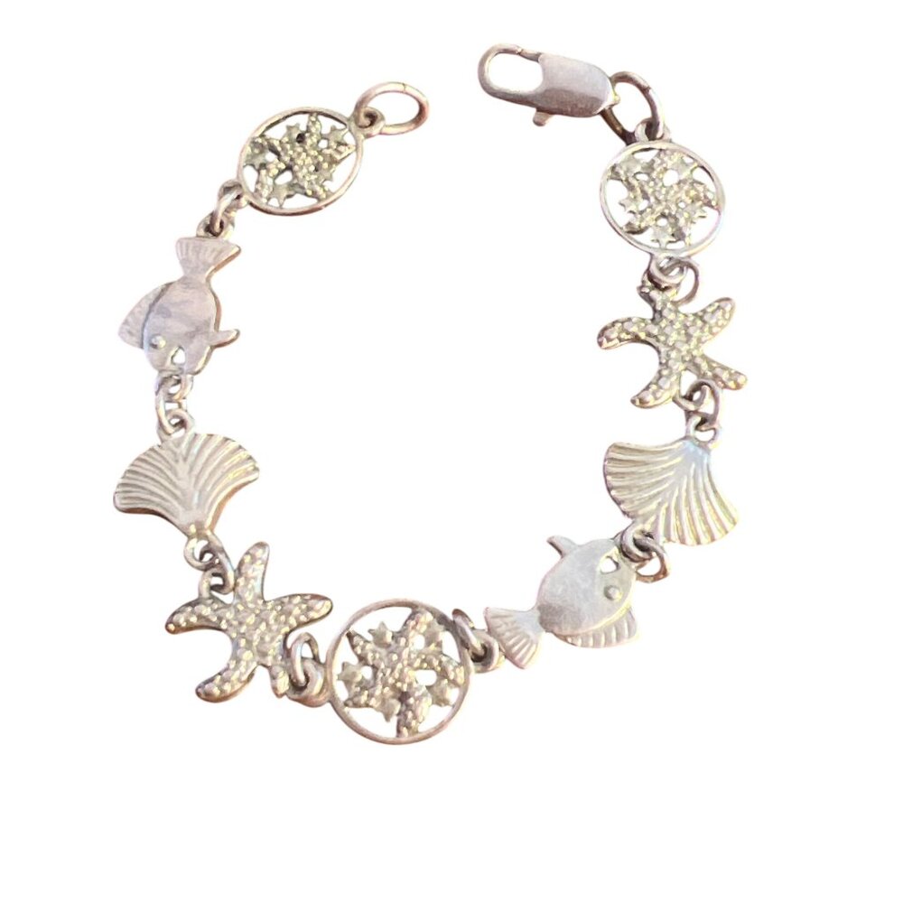 Vintage Silver Tone Nautical Bracelet Fish Shell Starfish Beach Vacation 7.25"